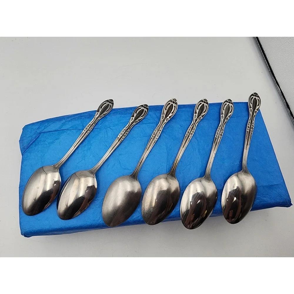 Vintage Japan‎ National Stainless Spoons Set of 6 Ornate Floral Scroll Pattern